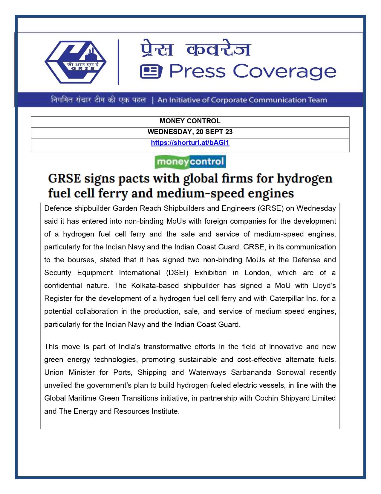 Press Coverage : Money Control, 20 Sep 23 : GRSE signs pact with Global firms for Hydrogen Fuel Cell Ferry and Medium-Speed Engines